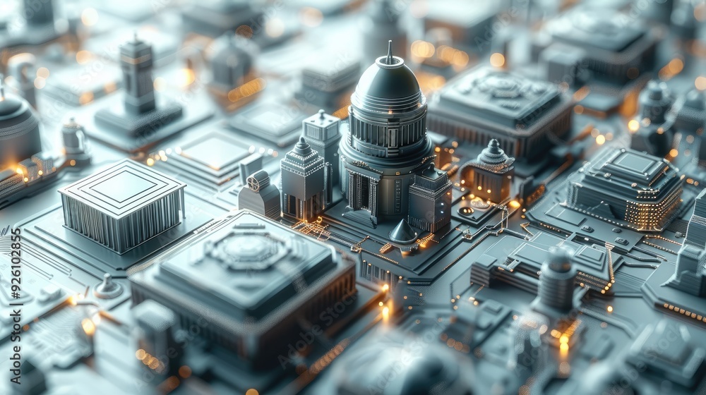 Aufkleber 3D Modeling of Technology merging with currency in a global financial system.,Conceptual architecture. Generative AI.