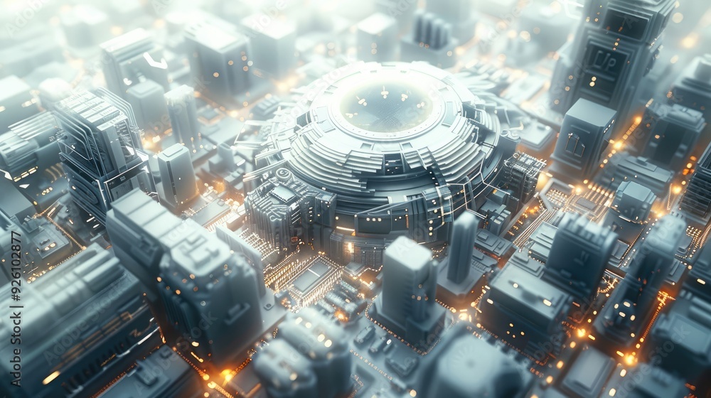Poster 3d modeling of technology merging with currency in a global financial system.,conceptual architectur
