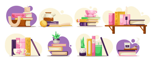 Various cozy book stacks with candles, plants, tea cups, and decor elements on abstract pastel backgrounds. Vector illustration
