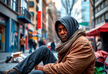 Homelessness Awareness with Detailed Urban Background