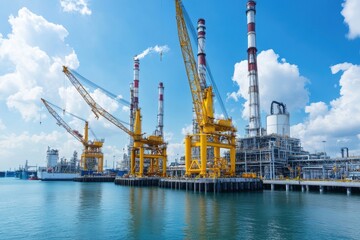 Giant cranes unloading crude oil at a port refinery, symbolizing the intricate link between demand and the global supply chain. 