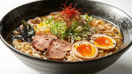 Vibrant Digital Painting of Delicious Ramen with Rich Broth and Toppings on White Backgrou