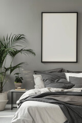 Black-framed bedroom mockup template against a grey wall, perfect for showcasing artwork or design concepts in a minimalist setting