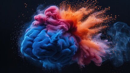 Human brain moving with colorful light gradient effect, abstract on black background. Concept of learning and emotions, resembles complex neural pathways