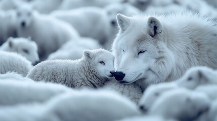 white wolf with a sheep