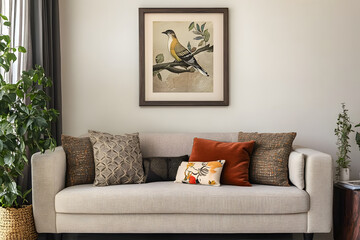 Cozy living room with a beige sofa adorned with textured and patterned pillows. A framed art piece depicting a bird and a woman hangs on the wall. A potted plant and book add to the serene atmosphere.