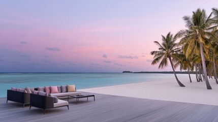 Fototapeta premium A stylish lounge on a villa deck showcases colorful cushions and panoramic ocean views during the enchanting golden hour light.