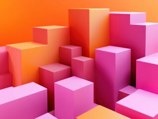 Obraz premium Abstract podium with stacked orange and pink cubes, sharp angles, and a modern aesthetic, Cubic podium, Modern abstract