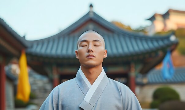 Korean monk wearing gray monk's robe with eyes closed with temple in background, Generative AI