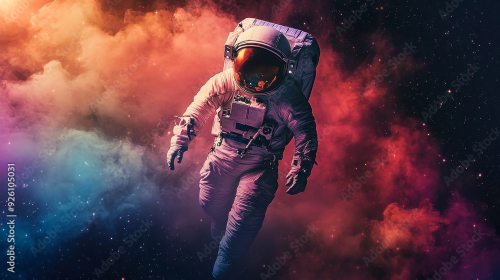 Canvas Prints Astronaut in Space, Exploring Cosmic Clouds - An astronaut, clad in a white spacesuit, ventures through a vibrant nebula, representing the vastness of space, exploration, discovery, and the unknown.