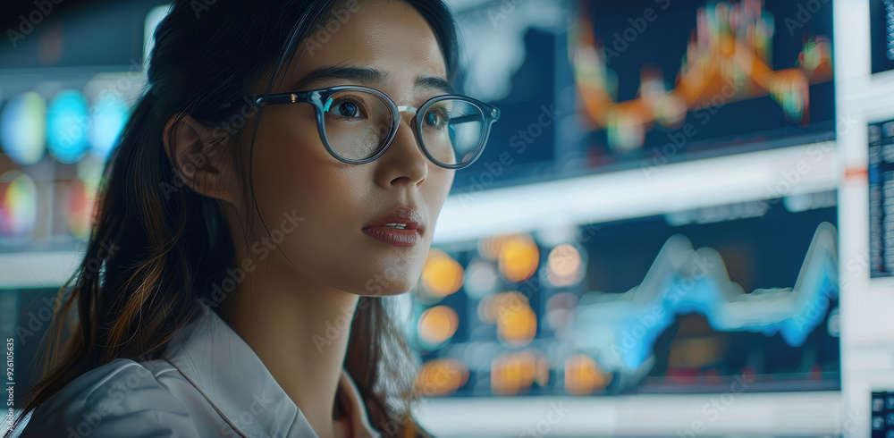 Aufkleber A female data scientist, wearing business attire, actively analyzing risk management reports on a big digital screen. The room is equipped with multiple large displays, showing complex data and graph.