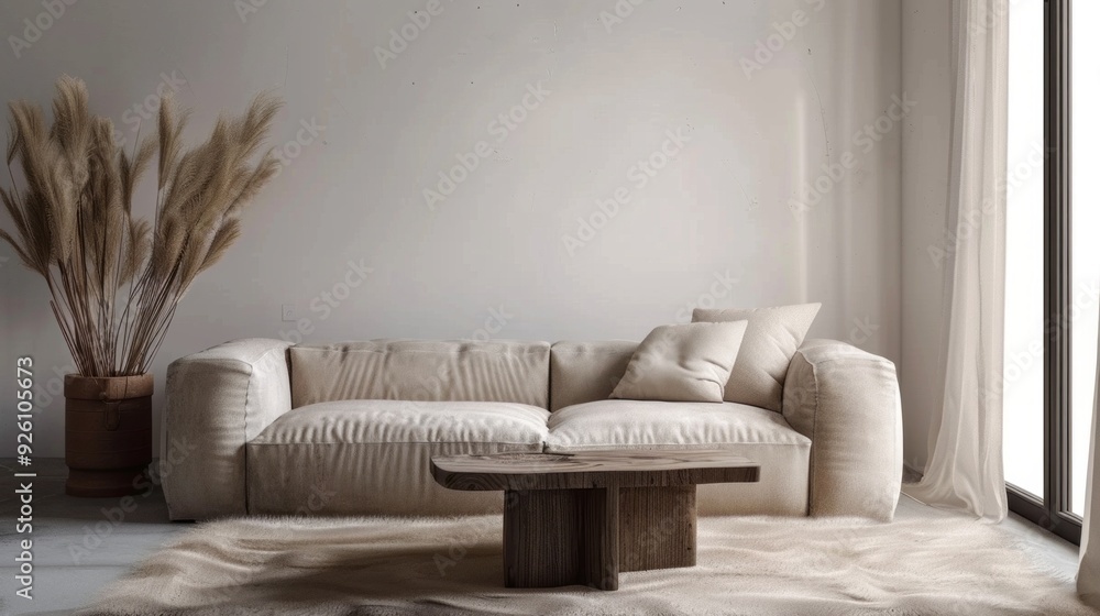 Poster soft sunlight streams through large windows, illuminating a neutral-toned sofa and rustic wooden cof