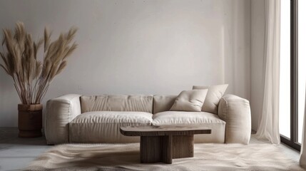 Soft sunlight streams through large windows, illuminating a neutral-toned sofa and rustic wooden coffee table surrounded by delicate decor