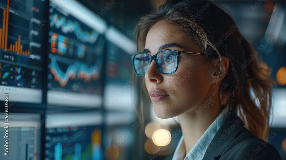 Poster a female data scientist, wearing business attire, actively analyzing risk management reports on a bi