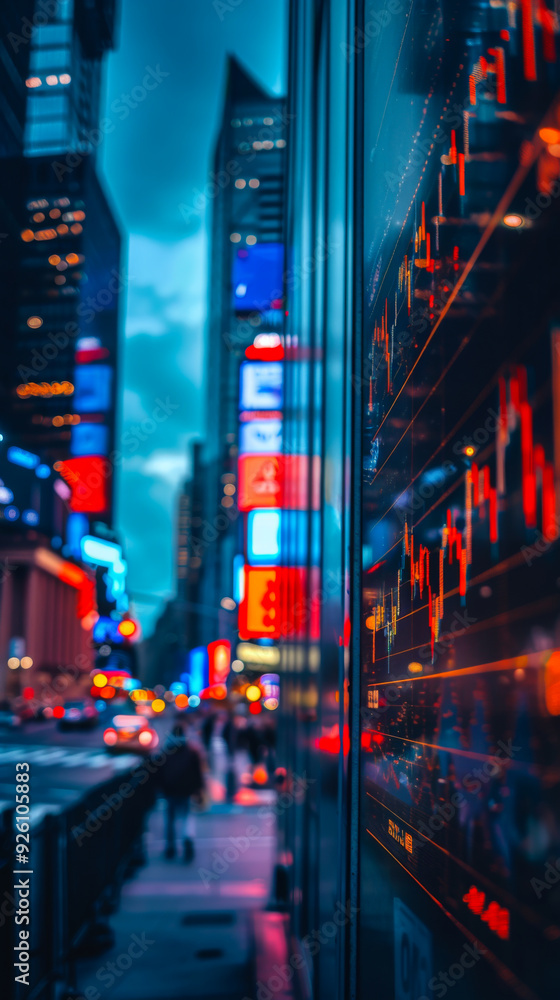 Poster virtual digital screen with red graphs against the backdrop of a large metropolis. business, develop