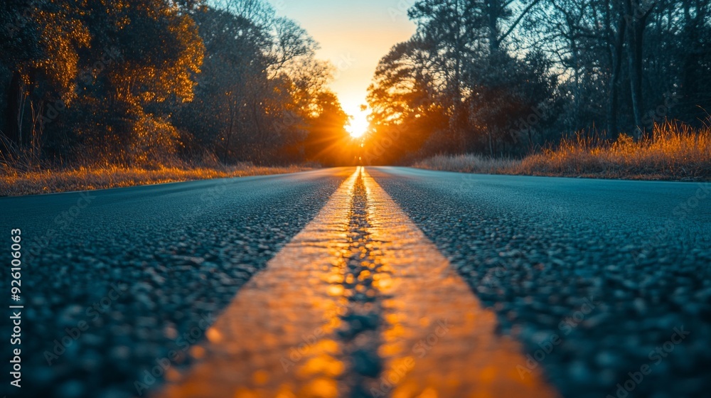 Poster a tranquil scene unfolds as the sun sets, illuminating an open road bordered by vibrant greenery, in