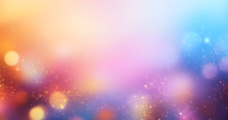 Glittering gradient background with hologram effect and magic lights. Holographic abstract fantasy backdrop with fairy sparkles, gold stars and festive blurs. .