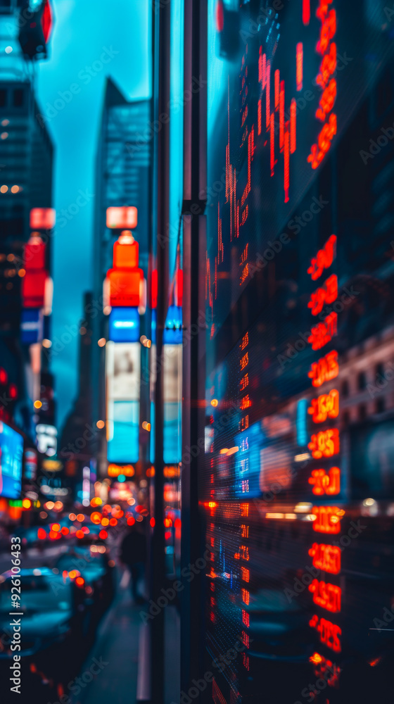 Poster virtual digital screen with red graphs against the backdrop of a large metropolis. business, develop