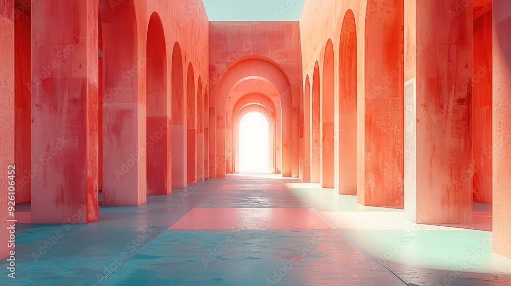 Poster modern outdoor building with soft daylight, a empty square in the middle, with coral colored walls a
