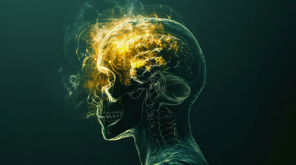 Close-up X-ray of a man's head glowing with a bright yellow light. Medicine and science concept.