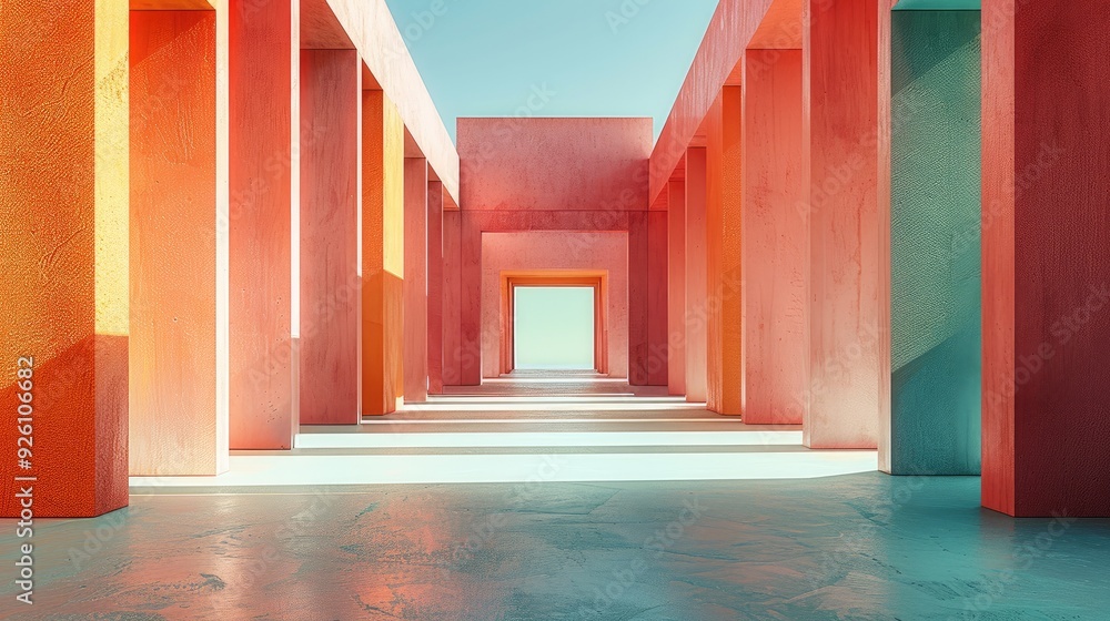 Poster modern outdoor building with soft daylight, a empty square in the middle, with coral colored walls a