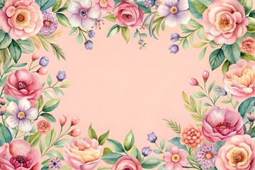 Watercolor Floral Frame with Rose Flowers in peach and pink colors. Hand drawn square Template for wedding invitation or greeting cards. illustration on isolated background. Botanical vintage Border.
