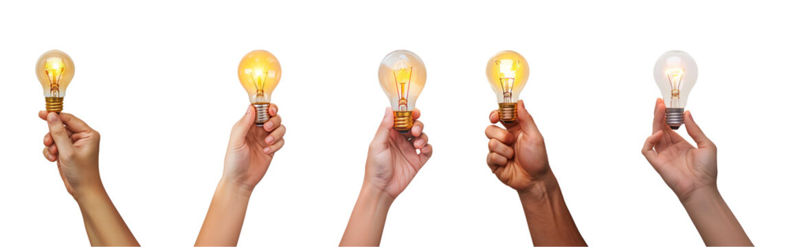 hand-holding light bulb is glowing isolated on a transparent or white background, cut-out, PNG