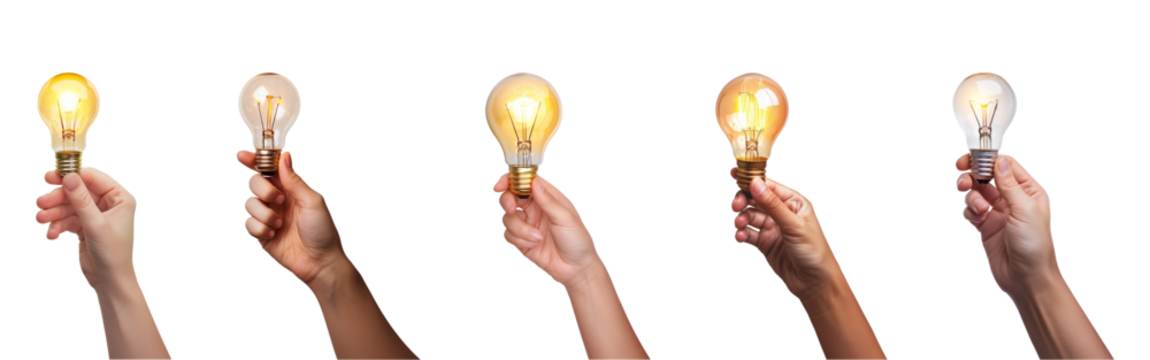 hand-holding light bulb is glowing isolated on a transparent or white background, cut-out, PNG