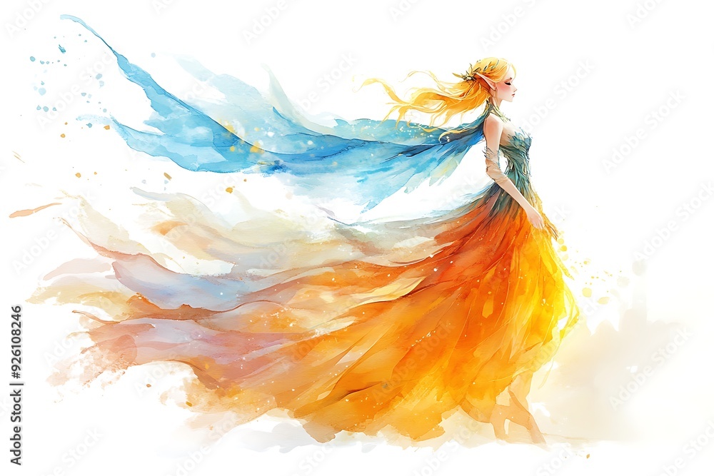 Wall mural Watercolor Illustration of a Woman with Long Blonde Hair Wearing a Flowing Gown.