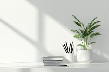 Copy space for displaying your product on a white tabletop with books, pencil stand, and a potted plant in a modern white office room. with generative ai