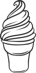 Ice cream icon, doodle soft serve sundae in waffle cup. Funny retro sketch of vanilla ice cream swirl in wafer cone. Summer dessert for kids mascot, hand drawn gelato icon vector illustration