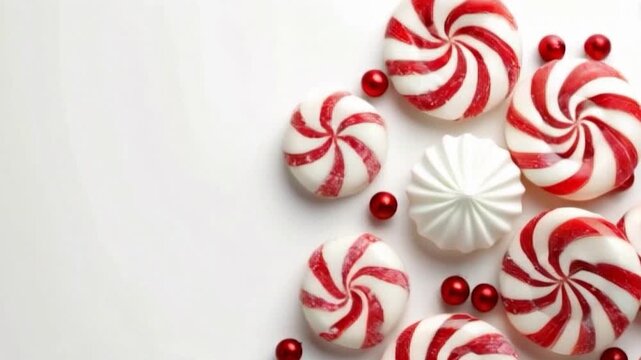 Christmas red white striped peppermint candies small red baubles on white background holiday celebration sweet treats concept smooth pan video