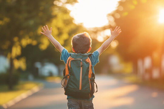 Sch&uuml;ler auf dem Weg zur Schule freut sich &uuml;ber den ersten Schultag