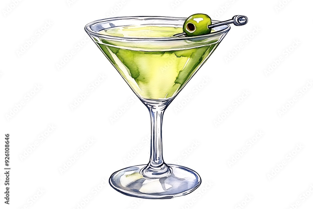 Sticker Watercolor Illustration of a Martini Cocktail with Olive Garnish.