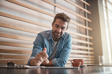 Tablet, happy man and restaurant owner on app to check stock, inventory or online order update....
