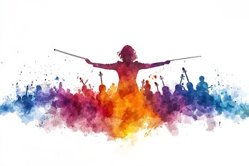 Watercolor Illustration of an Orchestra Conductor Leading an Orchestra.