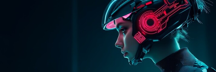 Futuristic Female Cyborg in Neon Light - A woman wearing a futuristic helmet with glowing red lights, representing technology, innovation, future, and cyberspace.