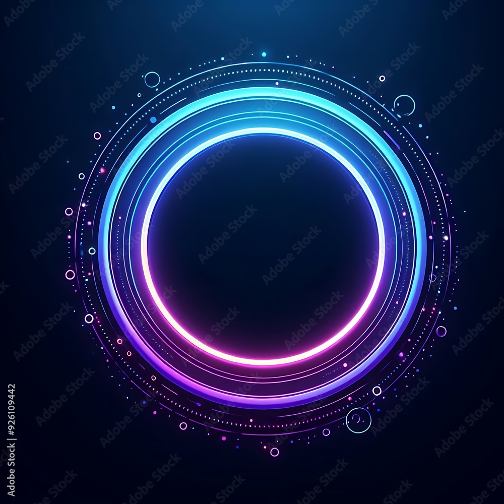 Poster a colorful neon circle with a dark background. the circle is surrounded by a lot of dots and it look