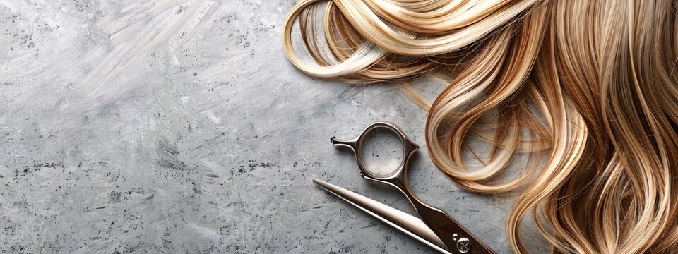 Hairdresser scissors with comb and strand of blonde hair on grey background