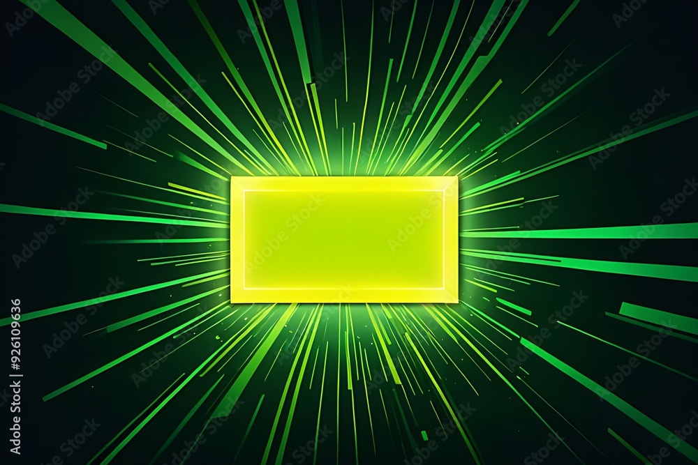 Poster a green neon box with a yellow border is the main focus of the image. the box is surrounded by a bri
