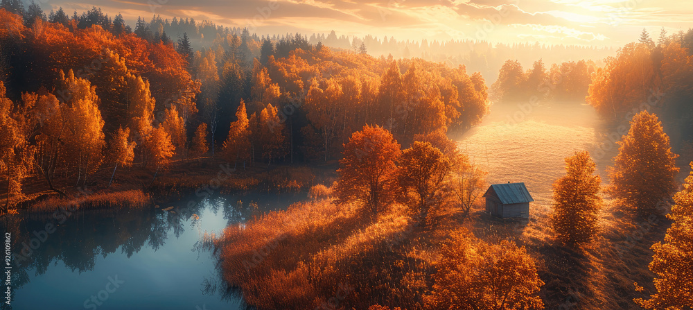 Poster First days of autumn. taken from an elevated position. Generative AI.