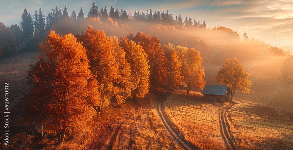 Poster first days of autumn. taken from an elevated position. generative ai.