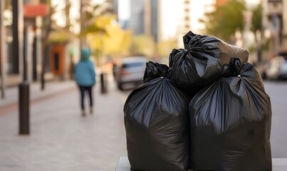 Obraz premium Black garbage bags piled up on a city street, Generative AI