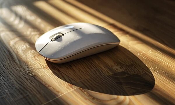 A white computer mouse on a wooden table