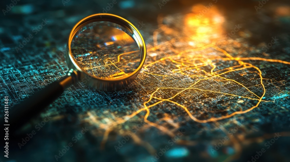 Poster magnifying glass focusing on a digital map with glowing orange lines, representing data analysis, na