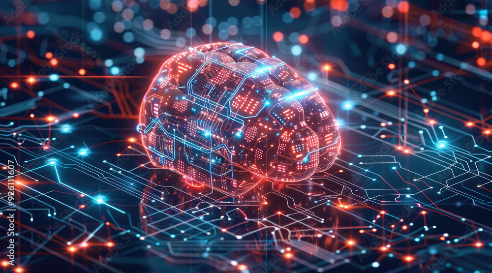 Poster a vector design of an ai brain made up of interconnected digital circuits and data streams. high-tec
