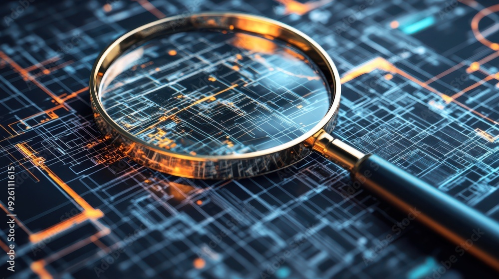 Poster Close-up of a magnifying glass highlighting an abstract digital circuit board with intricate blue and orange lines, representing technology and data analysis.