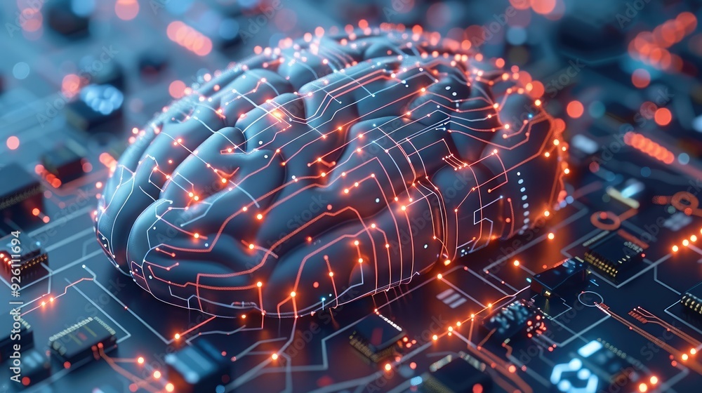 Poster a vector design of an ai brain made up of interconnected digital circuits and data streams. high-tec