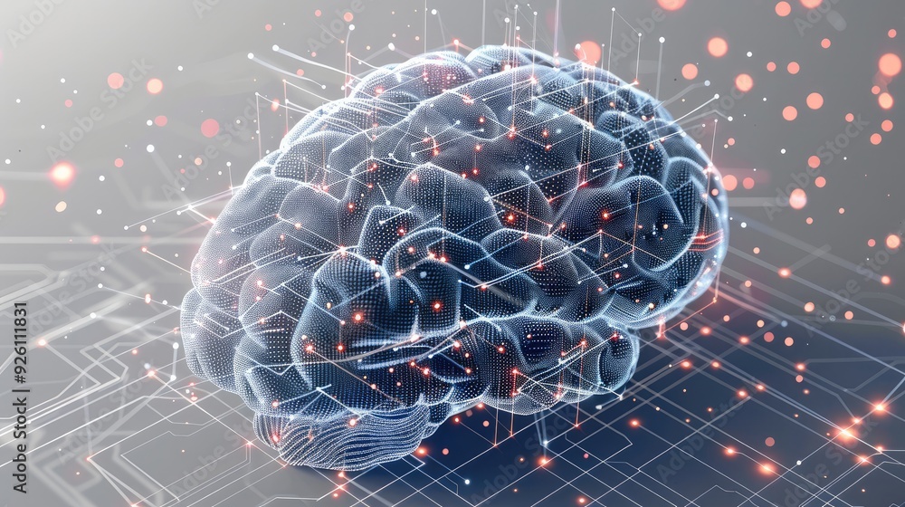 Poster a vector design of an ai brain made up of interconnected digital circuits and data streams. high-tec