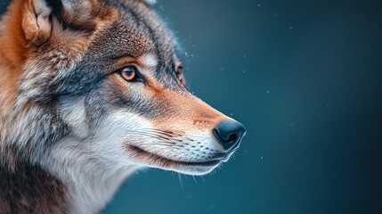 Fototapeta premium A close-up portrait of a majestic wolf showcasing its keen eyes and detailed fur in a serene, blue-hued background.